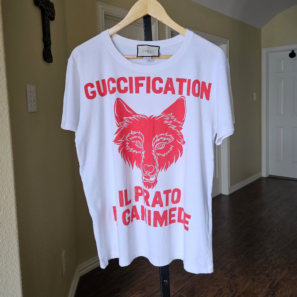 Gucci Printed Guccification White Logo & Wolf Printed Cotton T-shirt Sz S UNISEX